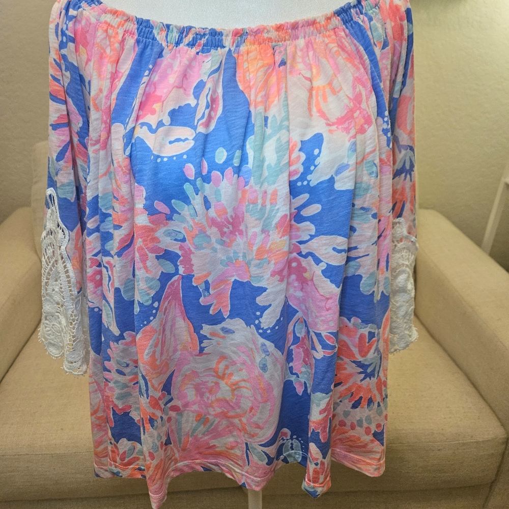 Lilly Pulitzer Pink and Blue Off-the-Shoulder Blouse - Picture 2 of 5